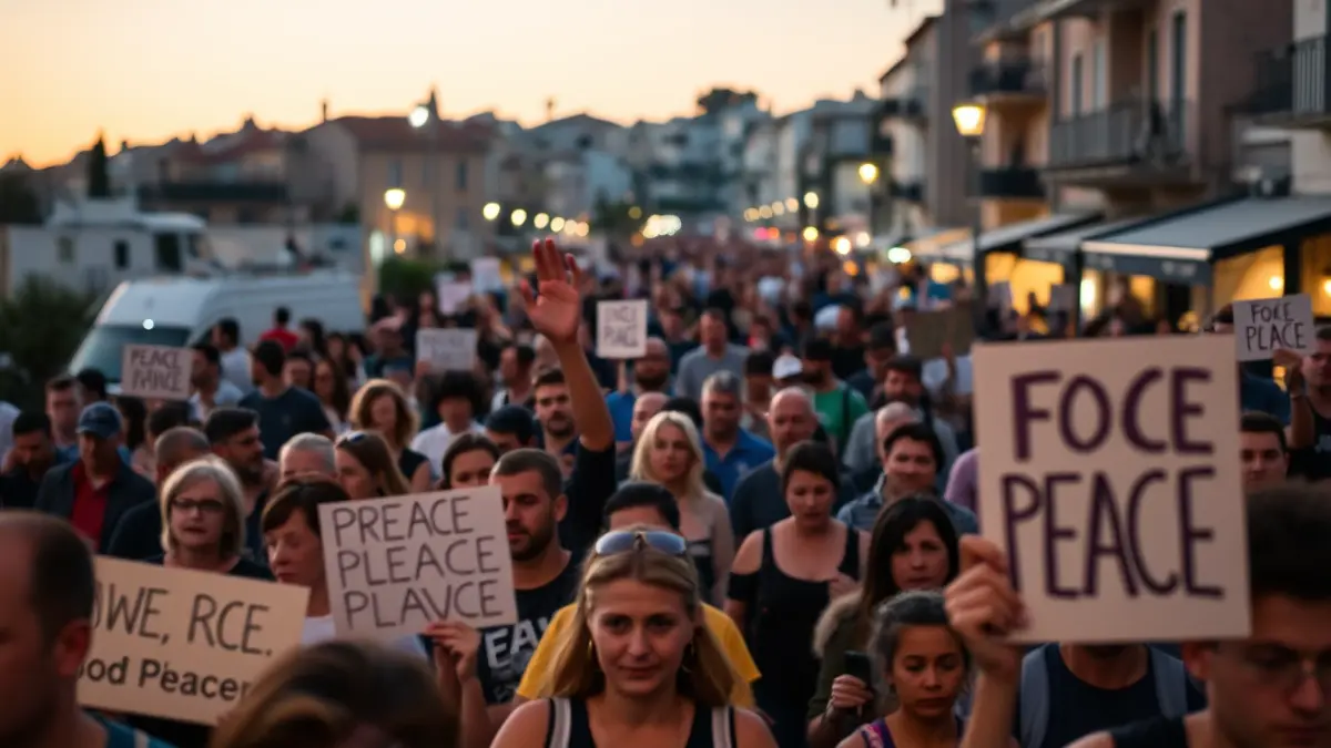 Image of a peace demonstration in the streets of Vinaròs, with people carrying banners.