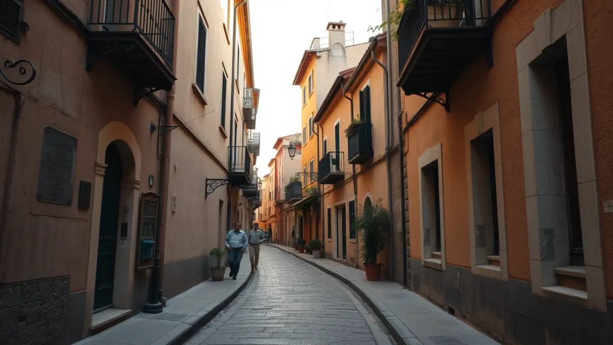 Imagen de una calle estrecha y antigua en un barrio mediterráneo, con aceras irregulares y edificios viejos, iluminado por la luz cálida de la tarde.