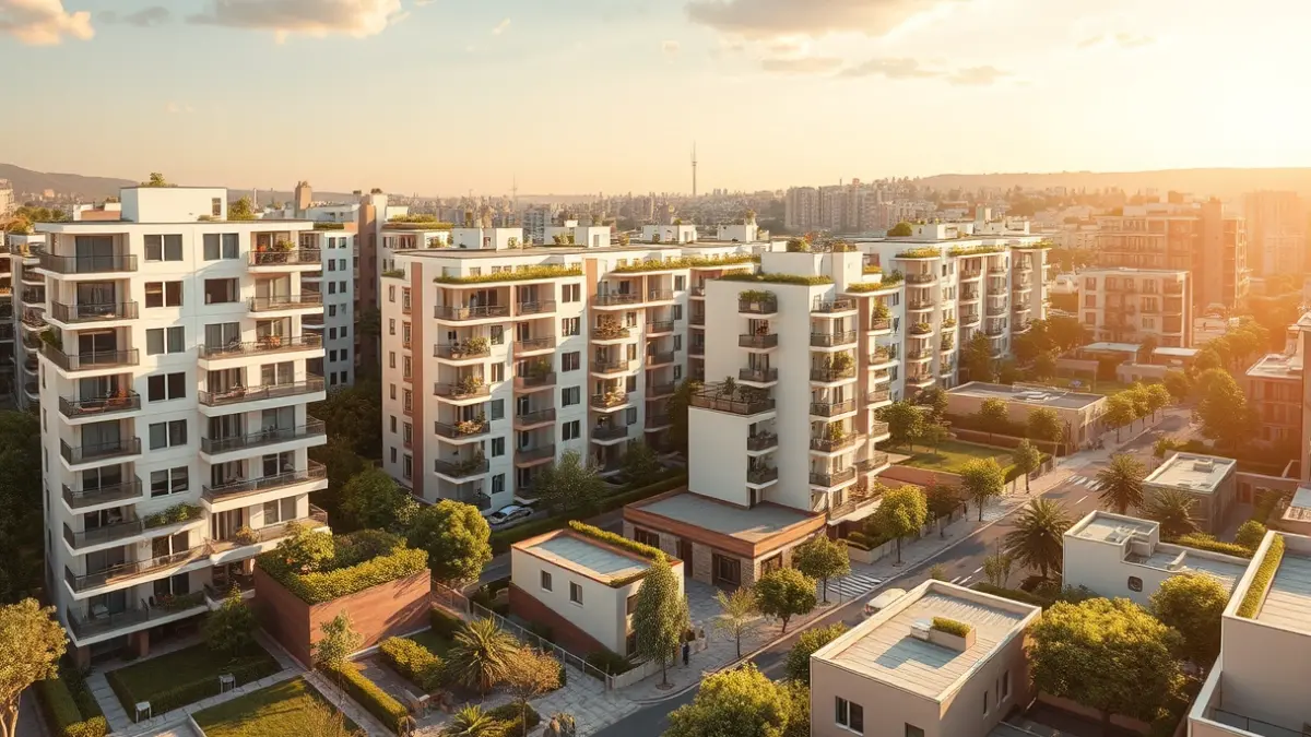 Imatge de nous edificis residencials en un barri regenerat d'una ciutat mediterrània.