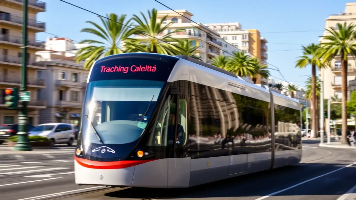 Image of a modern tram moving through a street in Alicante, with blurred buildings and palm trees in the background, on a sunny day.
