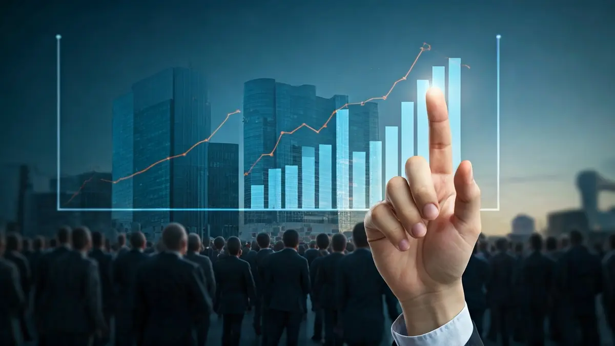 Imatge genèrica d'una mà assenyalant un gràfic de barres digital amb tendència a la baixa, amb edificis d'oficines desenfocats al fons.