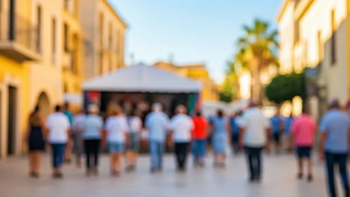 Image of a vibrant street scene in a Mediterranean village, with blurred figures of people walking along a route, colorful banners and decorations, and a small temporary stage set up in a public square, under warm afternoon sunlight.