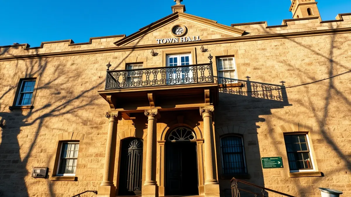Façana d'un ajuntament de pedra amb balcó ornamentat, banyada per la llum del sol de la vesprada.