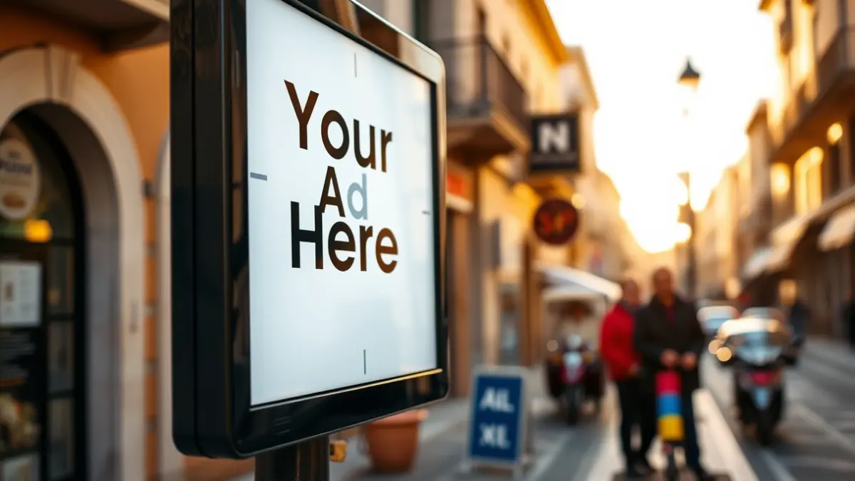 Imatge genèrica d'un mupi publicitari en blanc en una ciutat mediterrània.