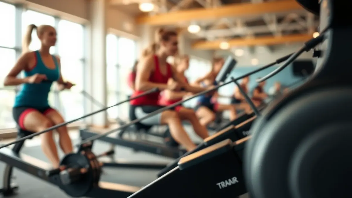 Generic image of a rowing ergometer in a sports center.