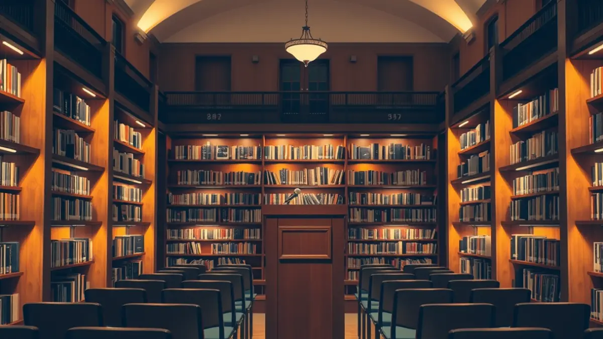Generic image of a university library with a podium and chairs, lit with warm light.