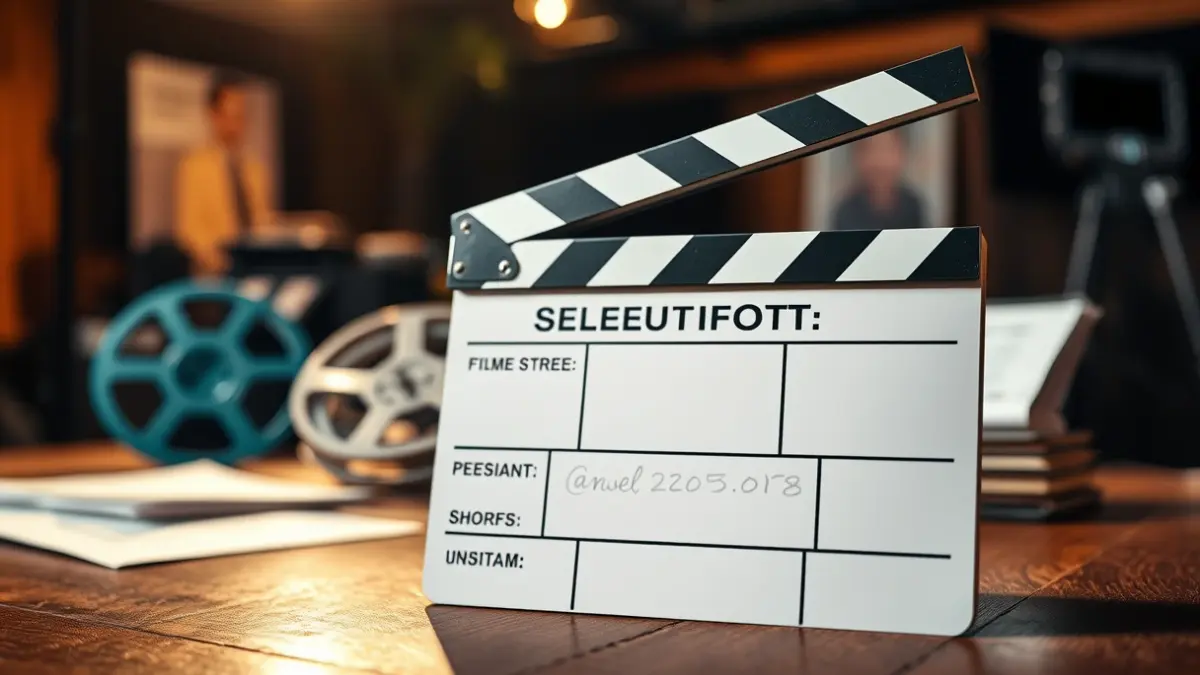 Generic image of a film clapperboard on a wooden table, with blurred film reels and scripts in the background, representing film project selection.