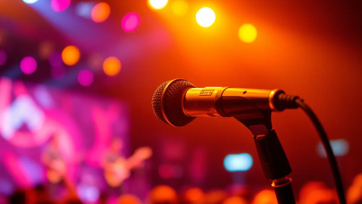 Imatge genèrica d'un micròfon en un escenari, amb llums borroses i ambient de concert.
