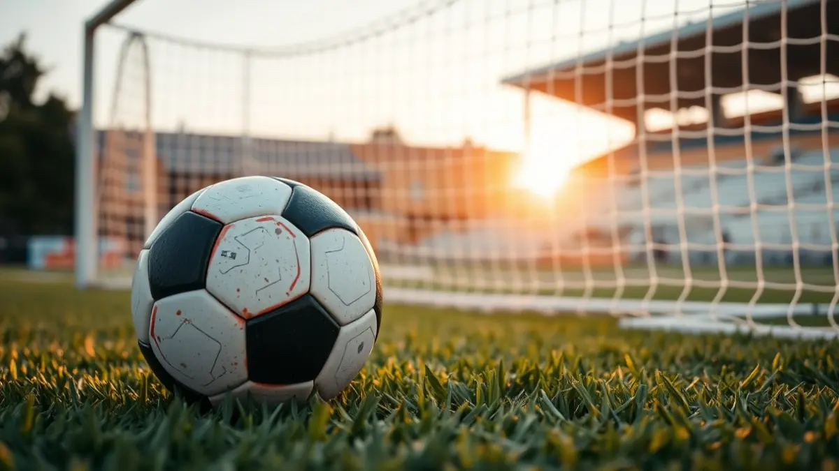 Imatge genèrica d'una pilota de futbol sobre la gespa d'un camp, amb la porteria desenfocada al fons.