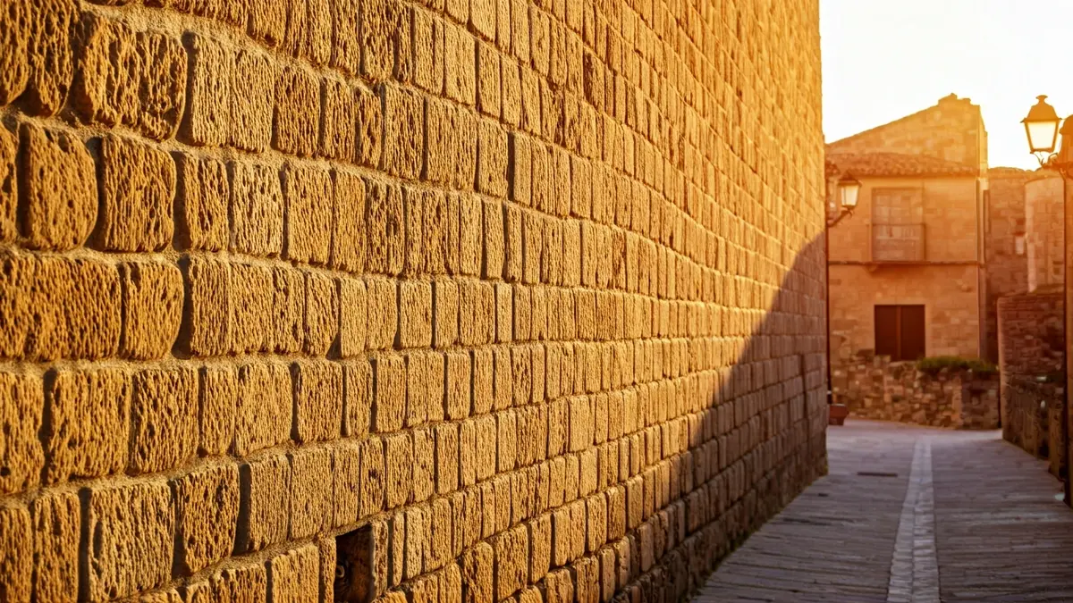 Image of a stone wall with graffiti in a historic village.