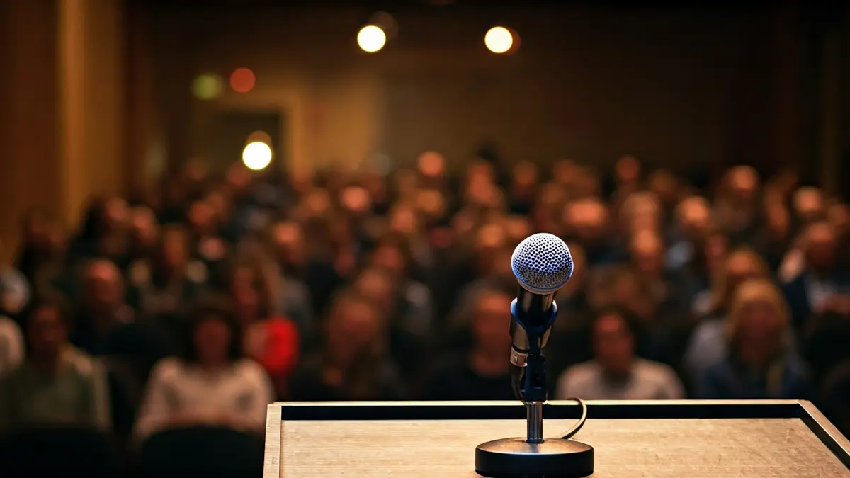 Imagen genérica de un micrófono en un escenario, con asientos de público desenfocados al fondo.