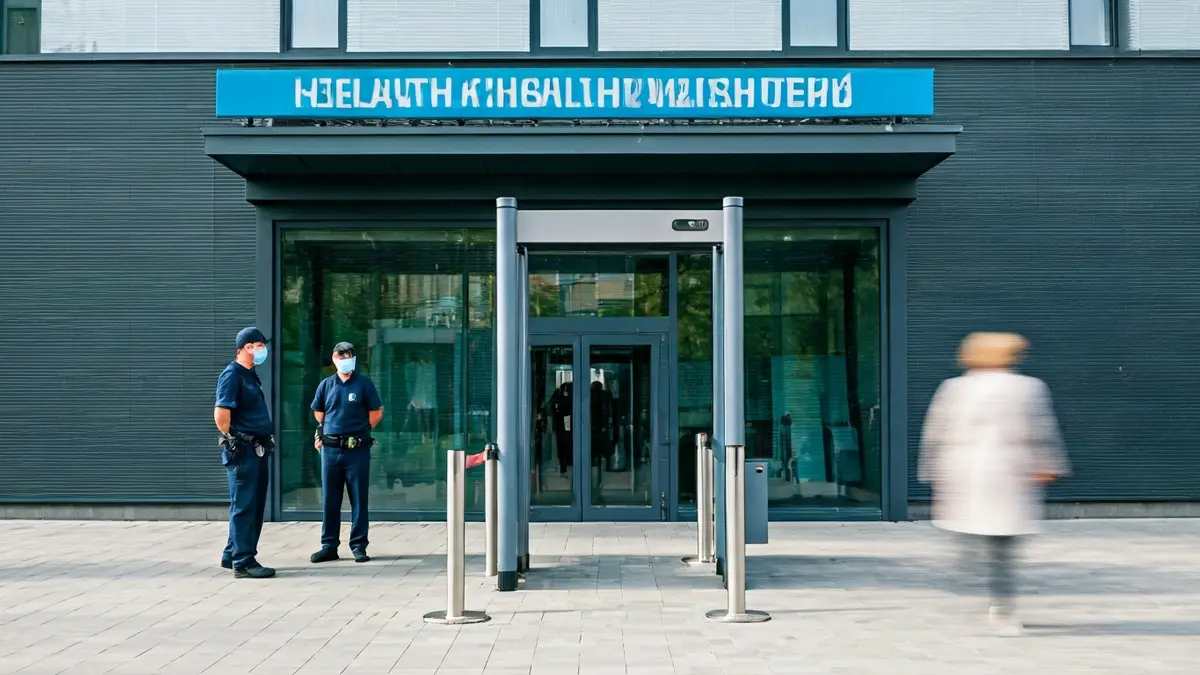 Image of a metal detector arch at a health center entrance with security personnel.
