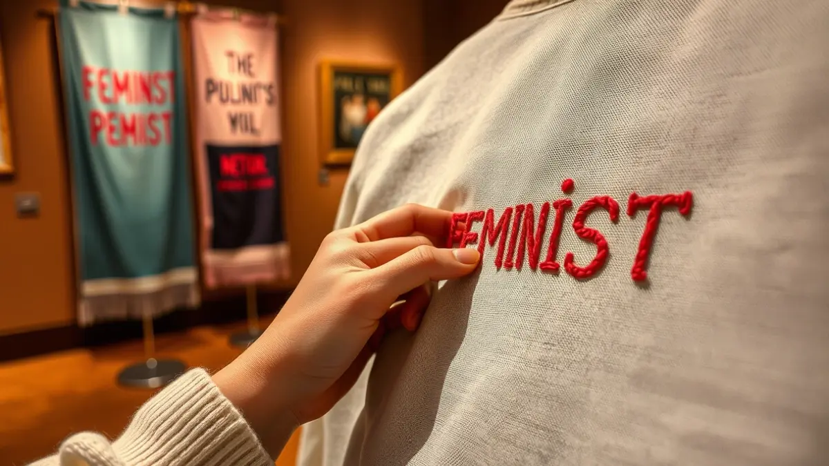 Imatge d'una mà brodant un eslògan feminista en un teixit, amb altres estendards brodats desenfocats al fons.