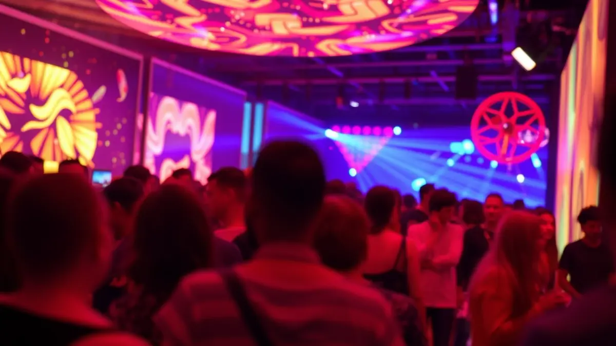Image of an immersive cultural event with dynamic lights and technological installations, suggesting a silent disco.