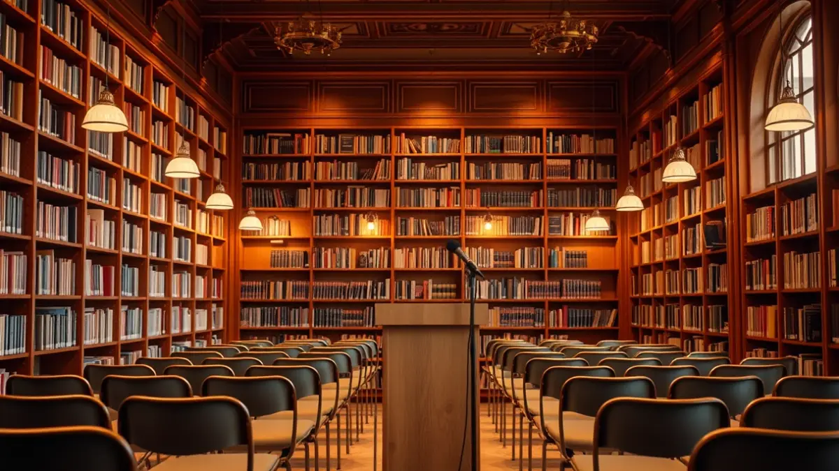 Imatge genèrica d'una biblioteca amb prestatgeries de fusta i un faristol amb micròfon, amb una il·luminació càlida.