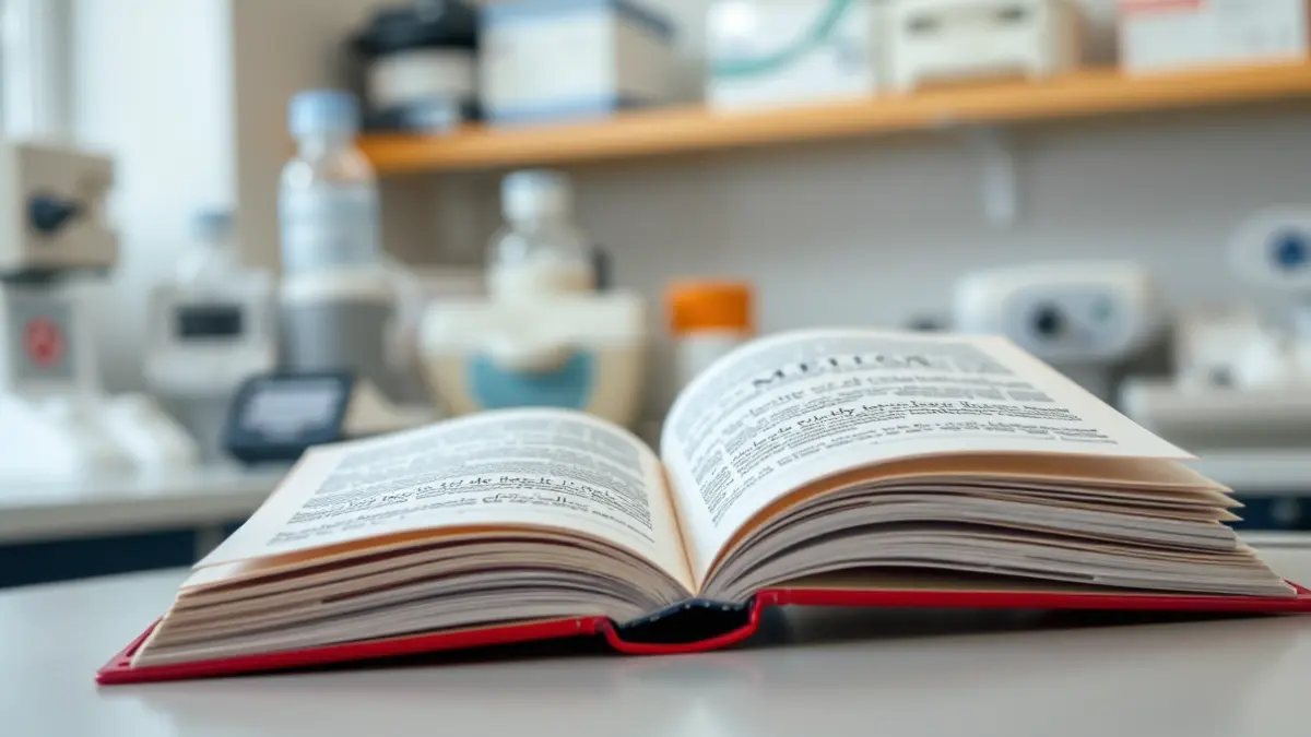 Generic image of an open medical textbook on a desk, with blurred laboratory equipment in the background.