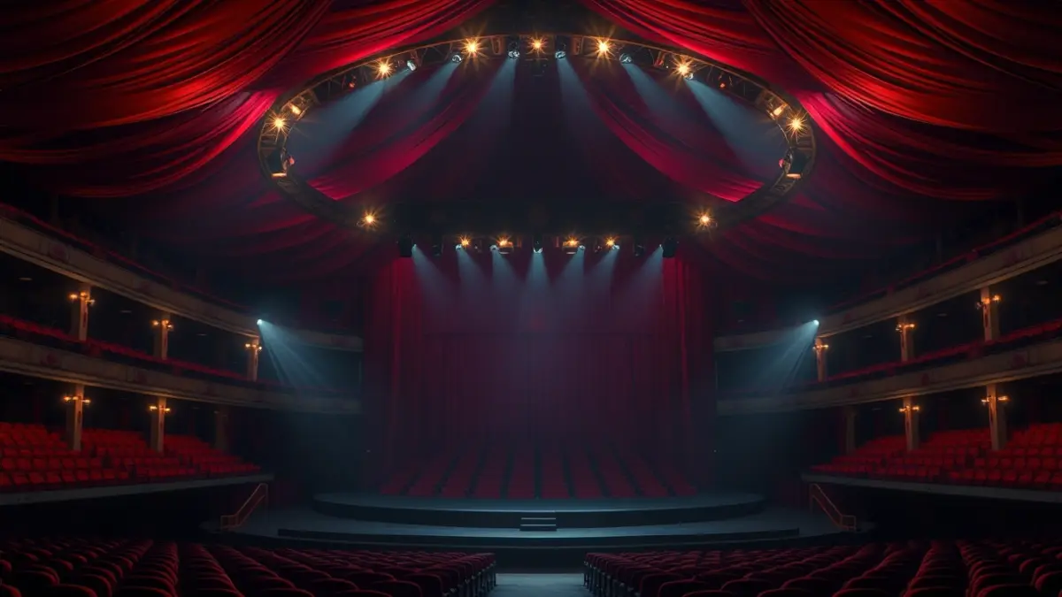 Imagen genérica del interior de una carpa de circo vacía con asientos rojos e iluminación escénica.