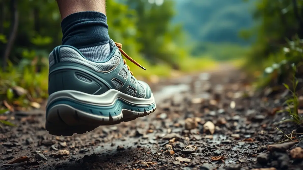 Generic image of a trail running shoe on a muddy mountain path, with blurred foliage in the background.