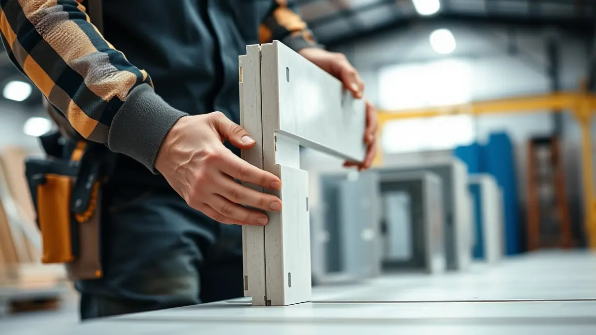 Generic image of industrialized construction, with a worker assembling a prefabricated panel.