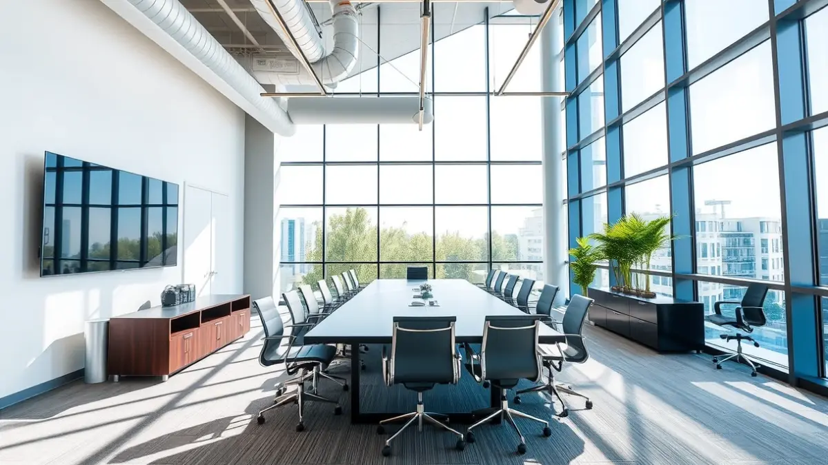 Generic image of a modern, functional office space with a large conference table and comfortable chairs.
