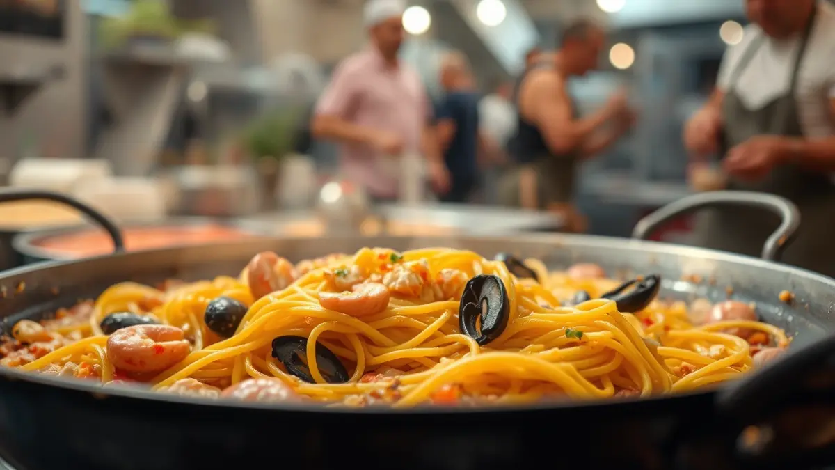 Imagen de una fideuá tradicional valenciana con marisco en una paella grande.