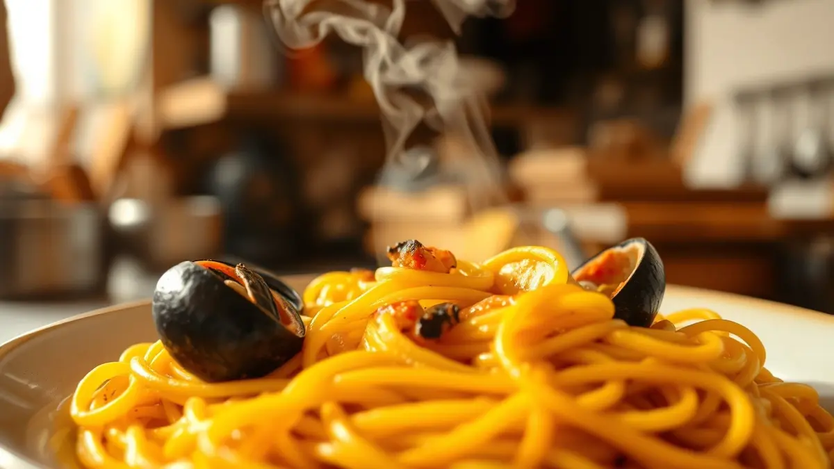 Imagen de una fideuá tradicional valenciana con marisco, en un ambiente rústico.