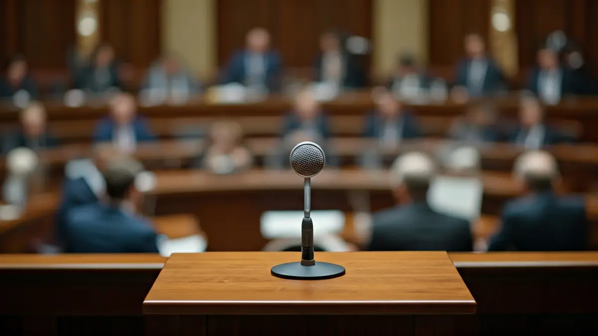 Imatge genèrica d'un micròfon en un faristol en un entorn parlamentari.