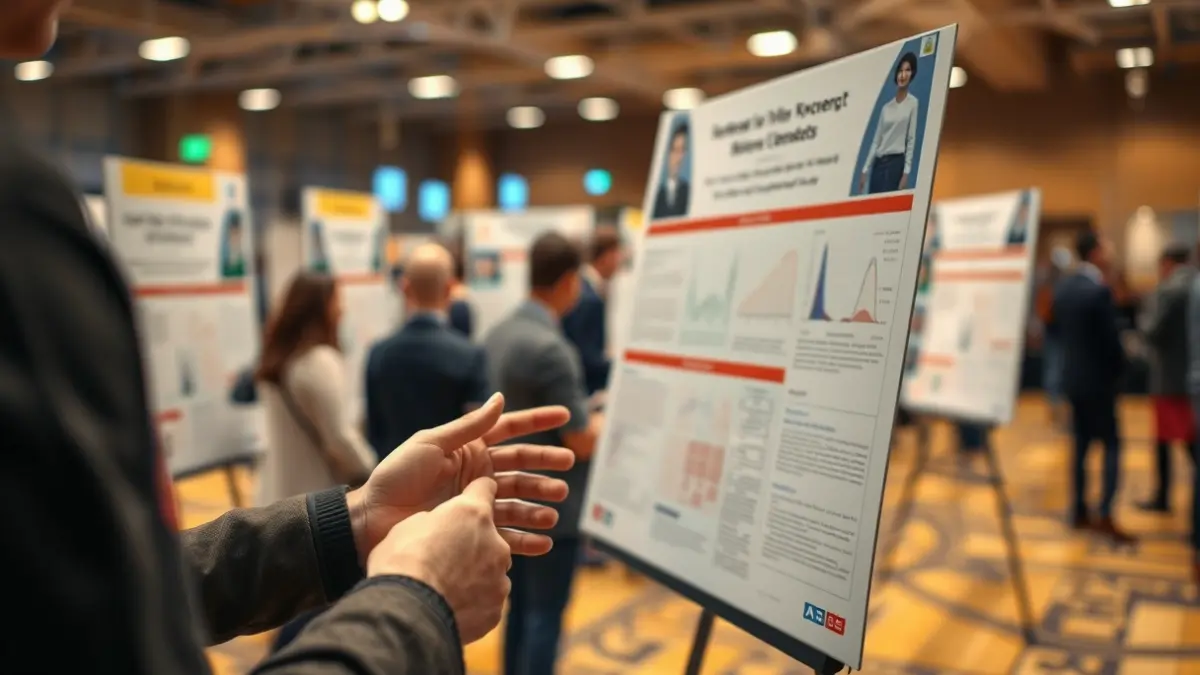 Imagen genérica de un estudiante presentando un póster científico en un congreso universitario.