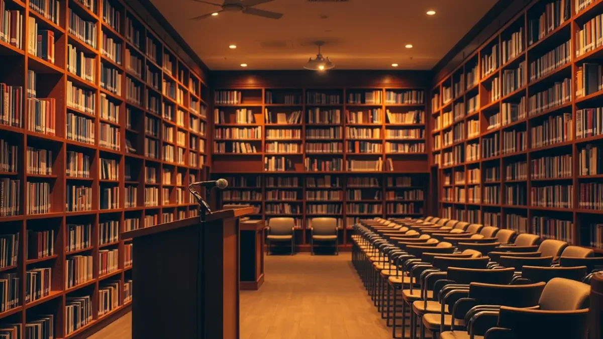 Generic image of a conference room or library with a microphone on an empty podium, with chairs and bookshelves in the background.