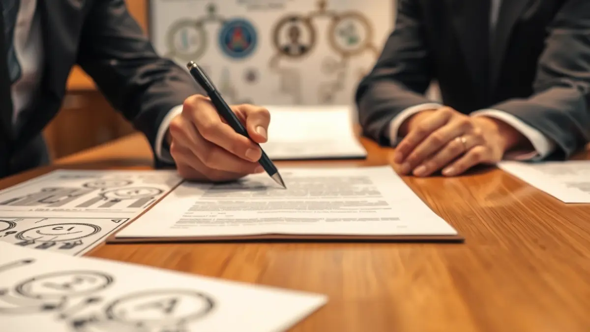 Imatge genèrica de mans signant un document oficial, amb fons desenfocat d'infraestructures hidràuliques.