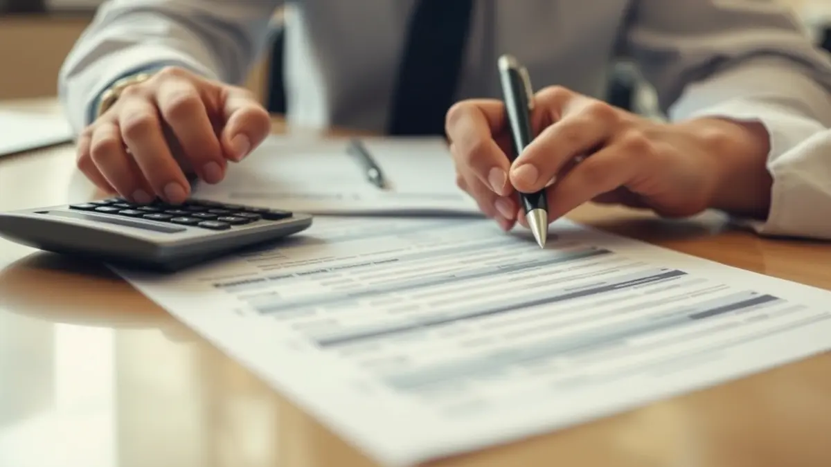 Imatge genèrica de mans omplint formularis d'impostos, amb una calculadora i bolígraf.