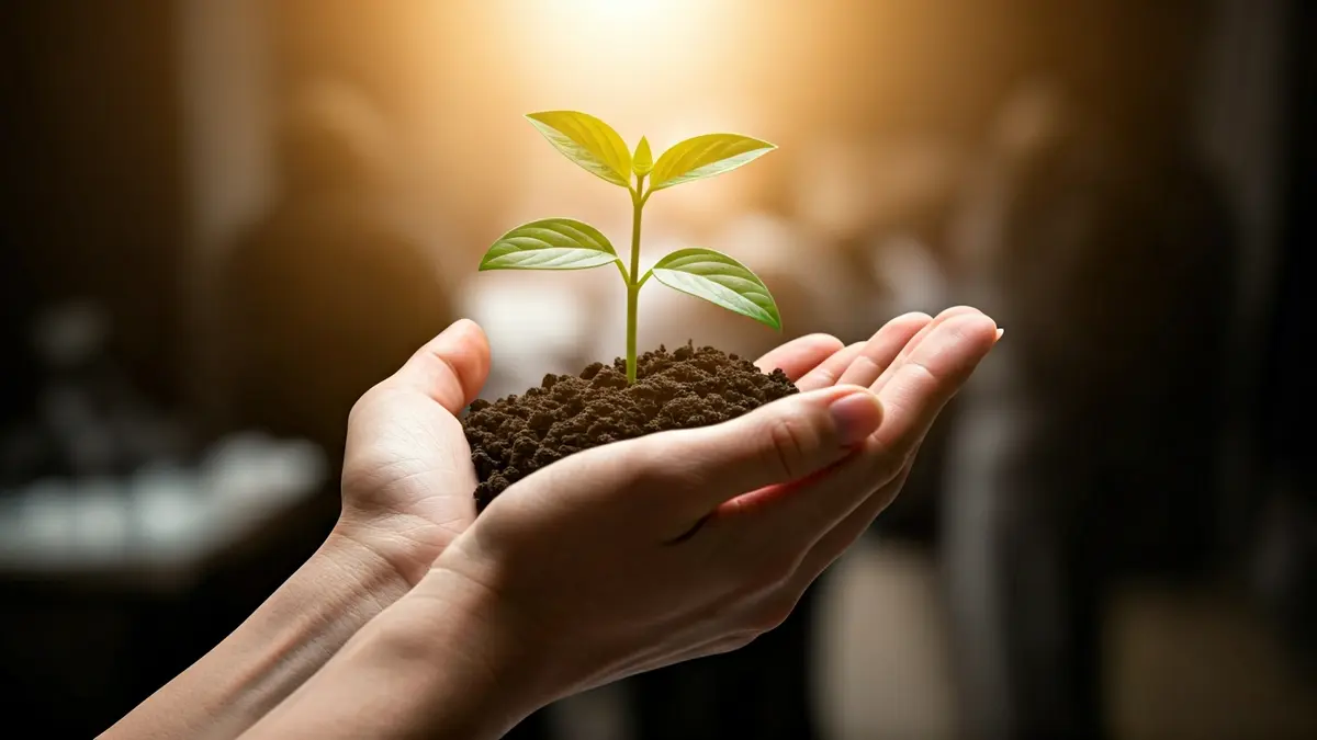 Imagen genérica de manos sosteniendo una planta pequeña, simbolizando cuidado y atención.