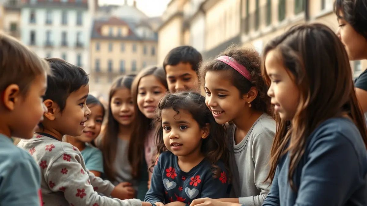 Imatge genèrica d'un grup de xiquets i adults en un intercanvi cultural, amb arquitectura europea de fons.