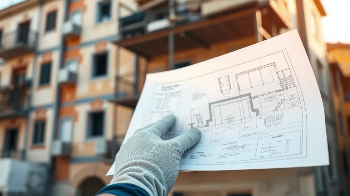 Generic image of construction worker's hands reviewing blueprints on a construction site.