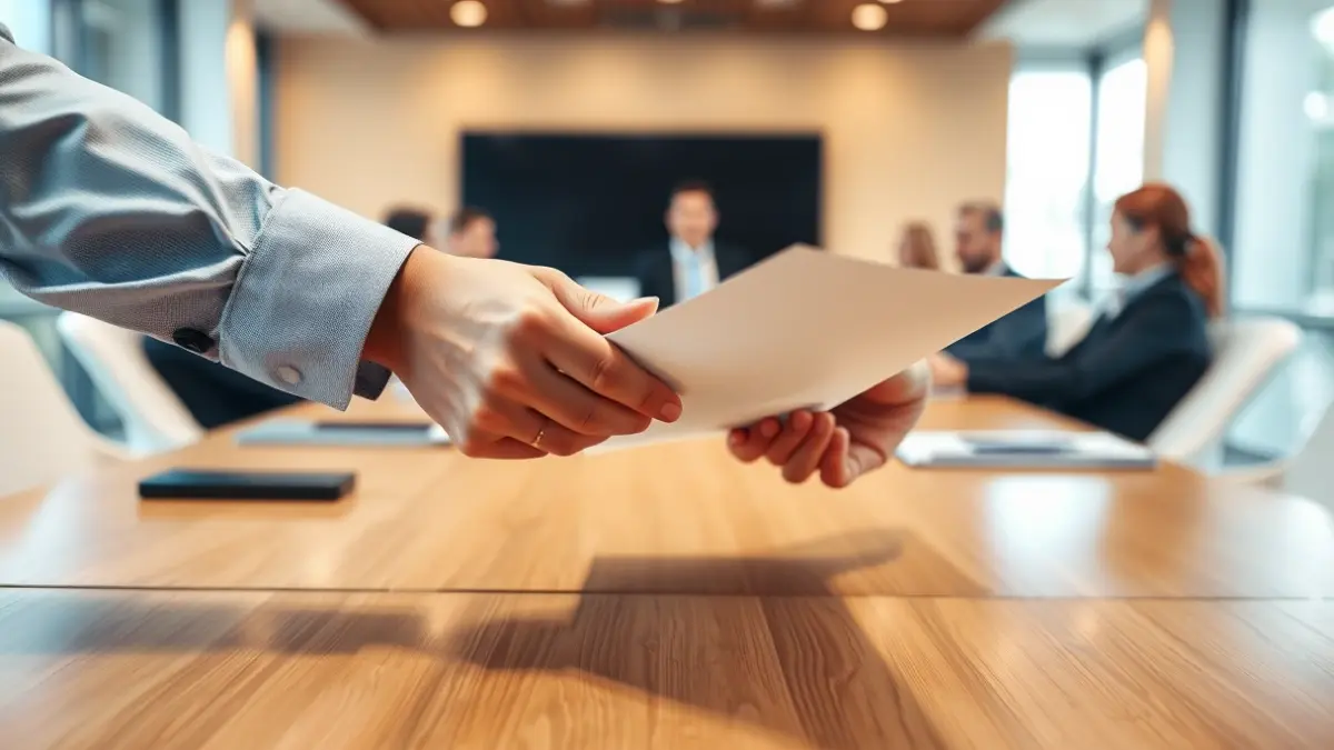 Imatge genèrica de mans intercanviant documents en una taula de reunió.