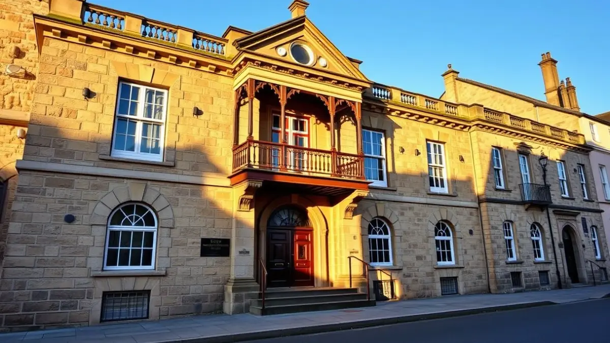 Stone town hall facade with ornate balcony, bathed in afternoon sunlight.