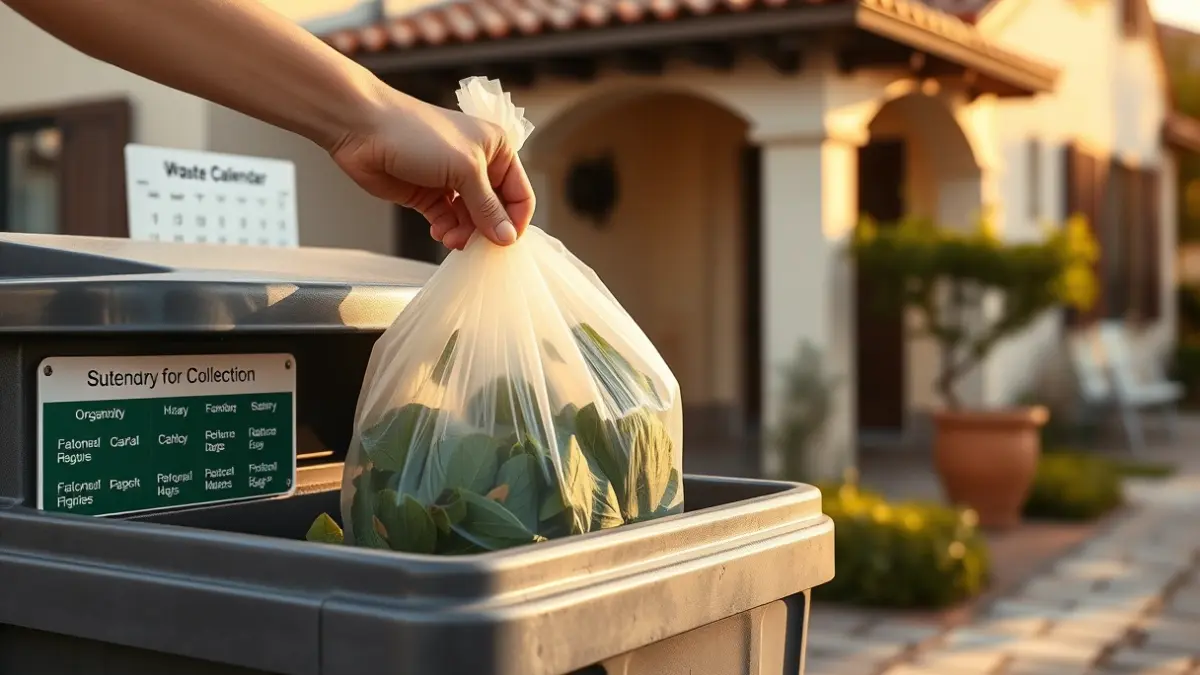 Imatge d'una mà depositant una bossa de residus orgànics en un contenidor, amb un calendari de recollida porta a porta.