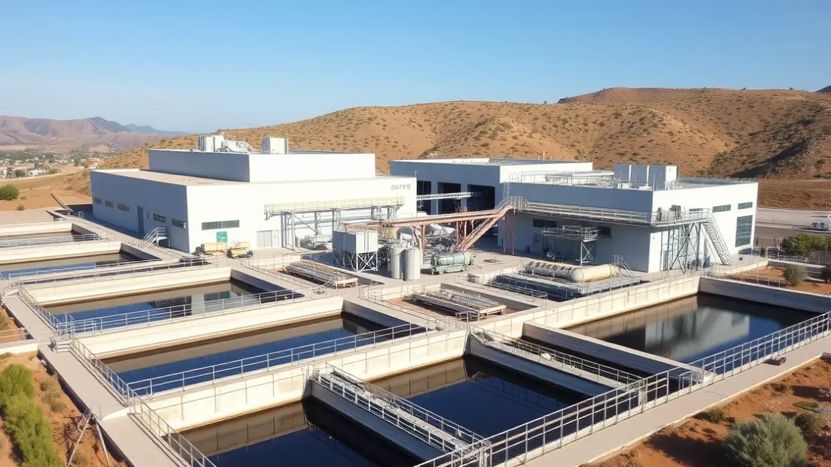 Image of a modern waste treatment plant with industrial buildings and machinery.