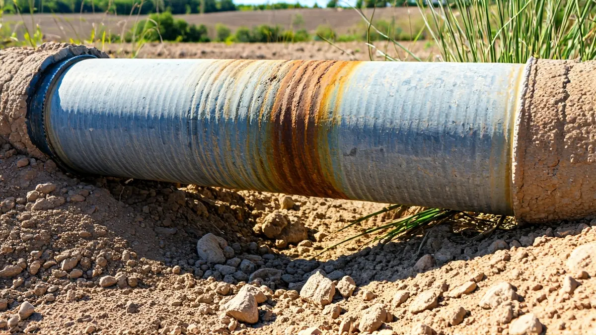 Imatge d'una canonada d'aigua corroïda amb fugues en un entorn rural, simbolitzant la reparació urgent en el pou de Meanes.