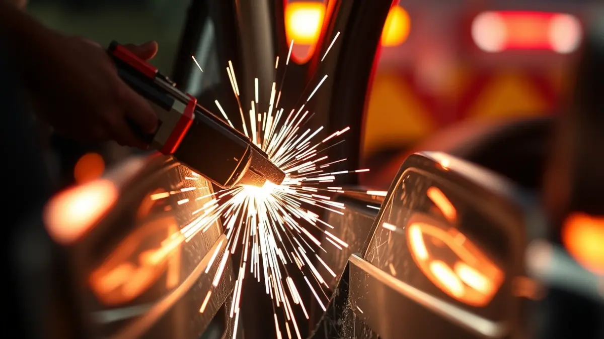 Generic image of hydraulic rescue tools cutting a car door in an accident simulation.