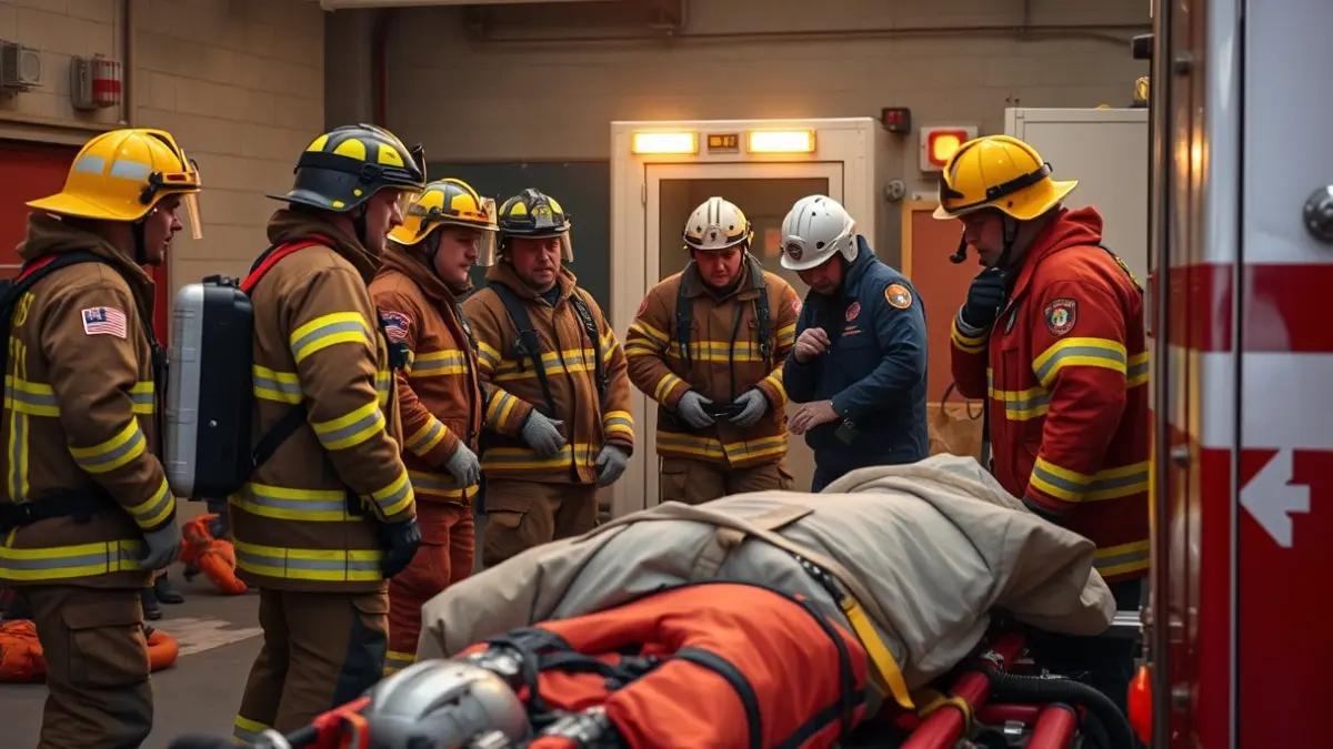 Generic image of firefighters and medical personnel collaborating in an emergency simulation.