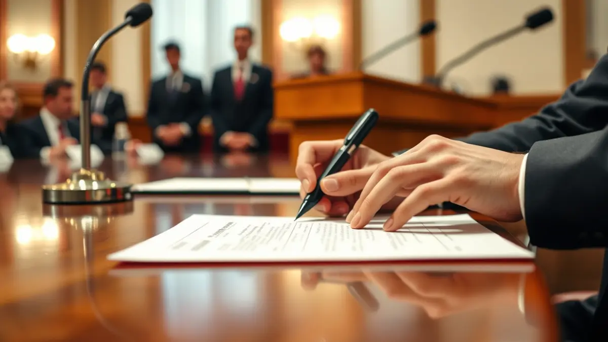 Imagen genérica de manos firmando un documento en una reunión formal.