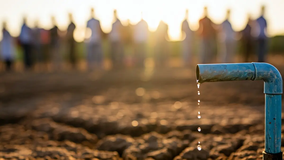 Imatge d'una canonada d'aigua amb una xicoteta fugida, amb gotes d'aigua i terra seca de fons, en un entorn rural mediterrani.