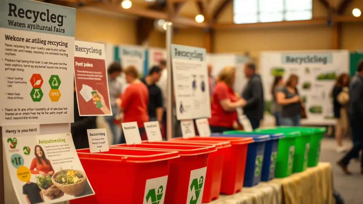 Image of an environmental education stand at an agricultural fair, with colorful bins and informational materials.