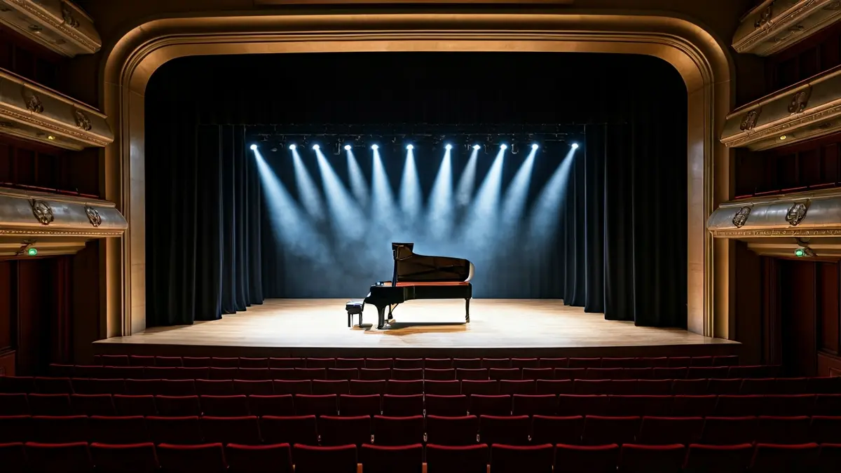 Generic image of a concert hall stage with a piano and an empty podium.