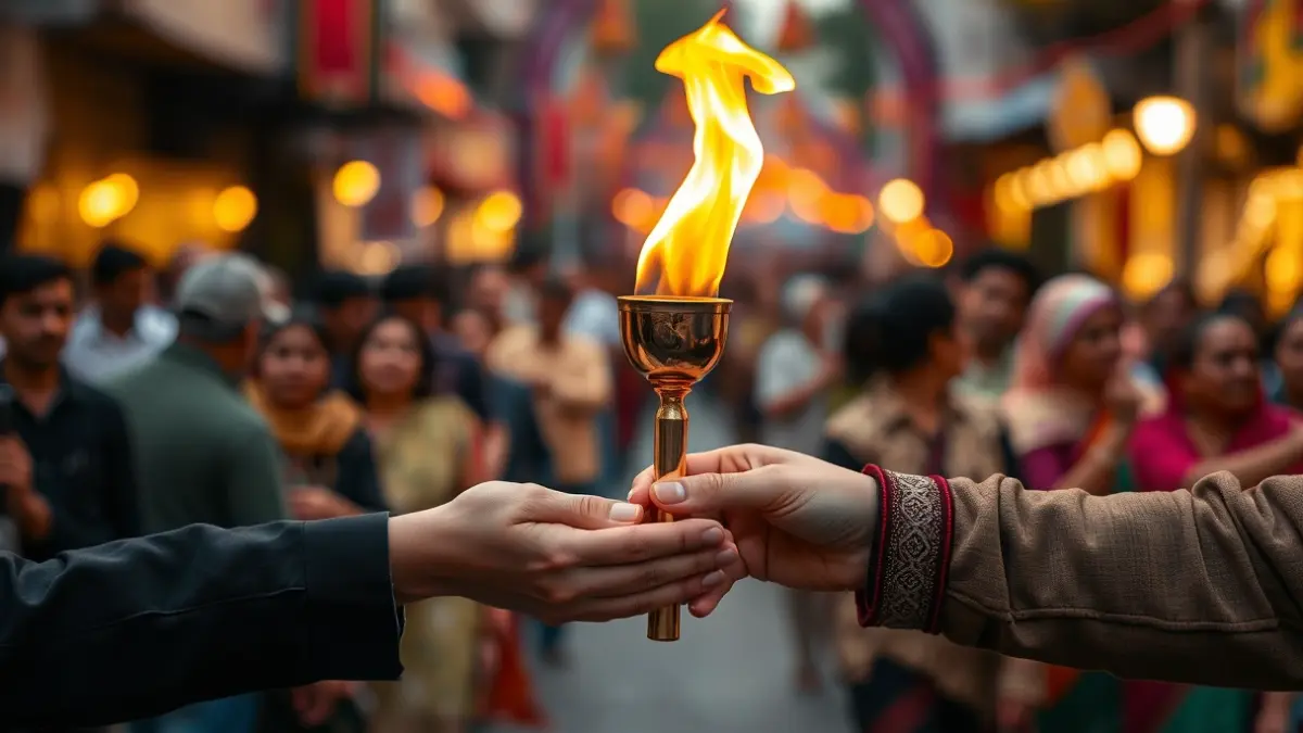 Imatge genèrica d'una flama simbòlica passant de mà en mà en un ambient festiu de carrer, representant la continuïtat cultural i l'esperit comunitari.