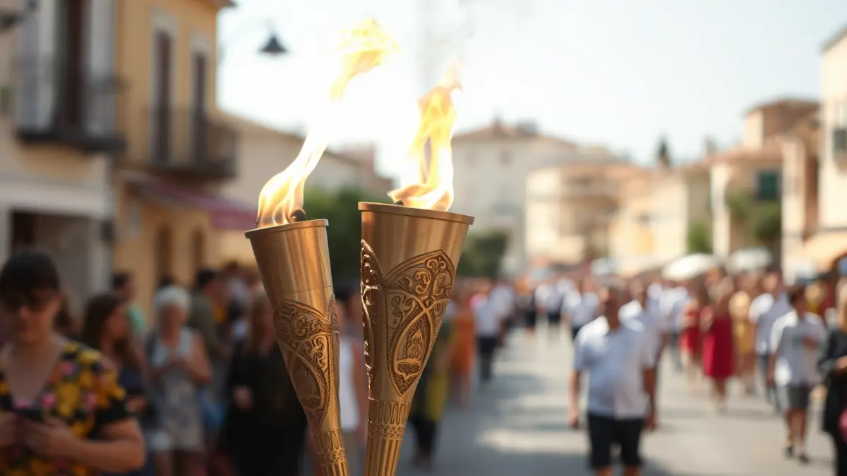Imatge d'una torxa amb flama, símbol del Correllengua Agermanat, en un carrer de poble mediterrani.