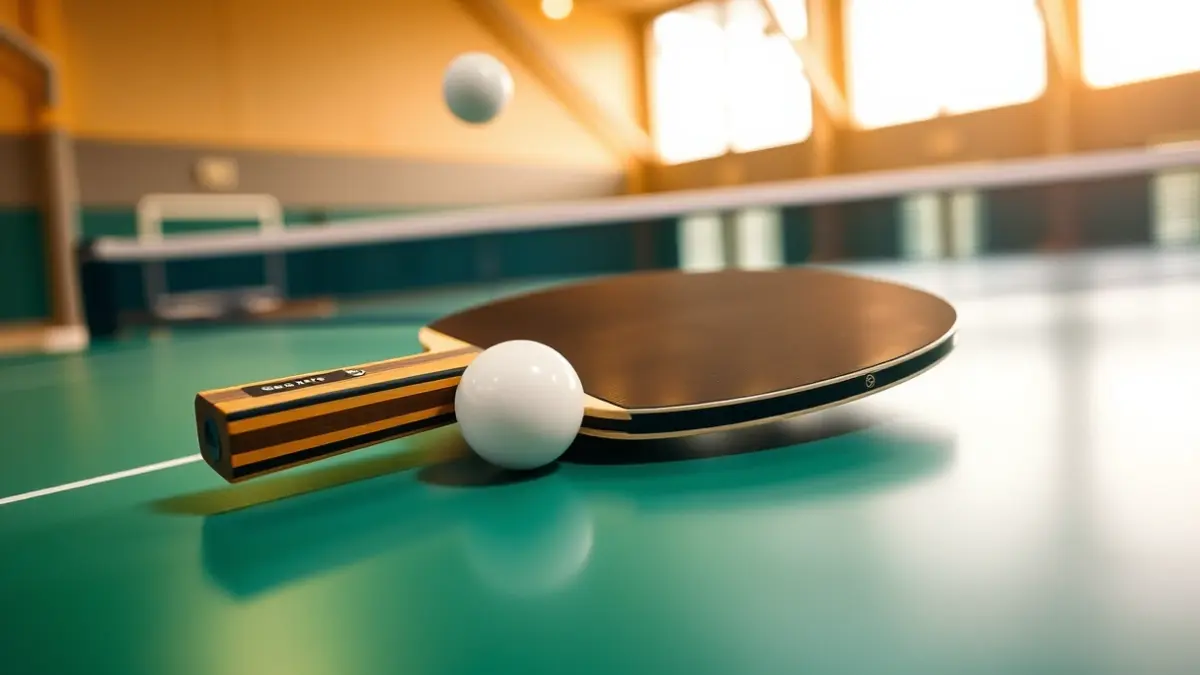 Imatge genèrica d'una pala i una pilota de tenis taula sobre una taula verda.