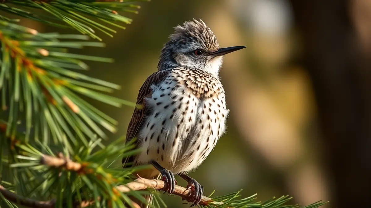 Imagen de un críalo europeo en una rama de pino, con su plumaje característico y un fondo de bosque desenfocado.