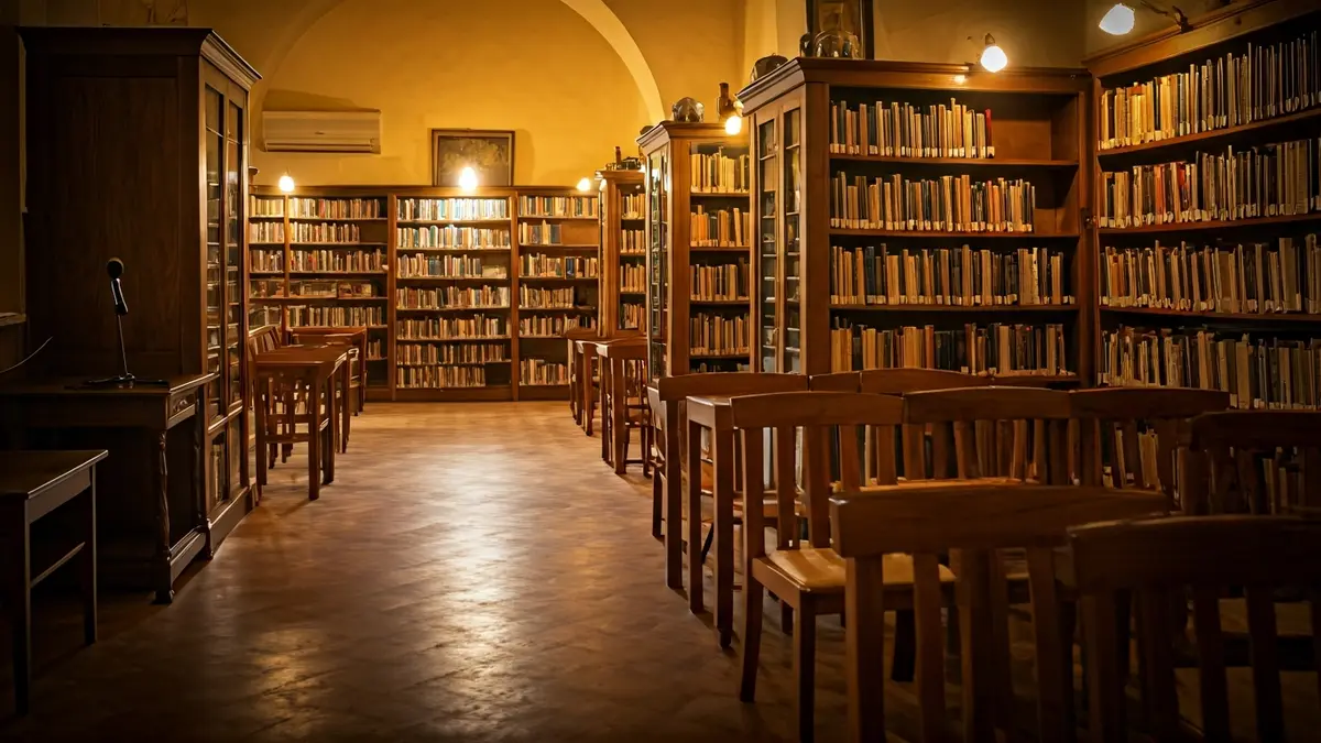 Generic image of a projection or conference room with a microphone and empty chairs.